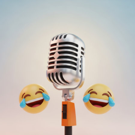 A retro microphone is flanked by two laughing emojis, suggesting a fun and entertaining vocal performance.の素材
