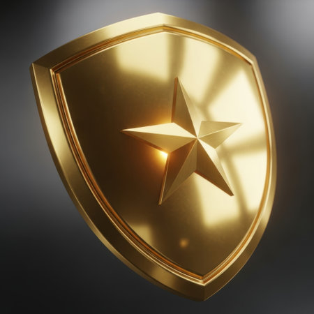 A highly polished golden shield featuring a raised star design, catching and reflecting ambient illumination.の素材