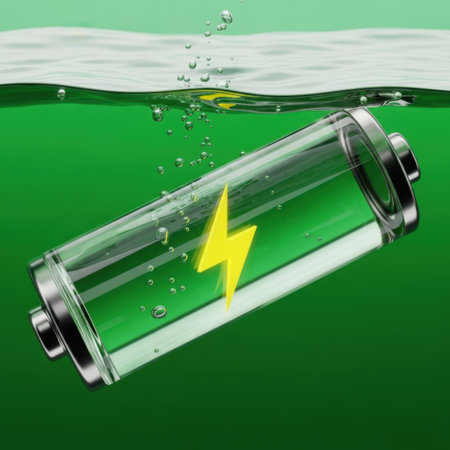 A clear battery submerged in a bright green liquid, with a glowing yellow lightning bolt symbol visible inside.の素材