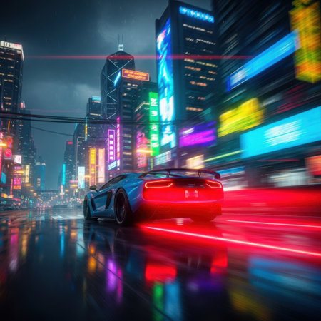 A vibrant, high-octane scene captures a red sports car in motion, its taillights creating streaks of light amidst a futuristic metropolis illuminated by dazzling neon signs.の素材