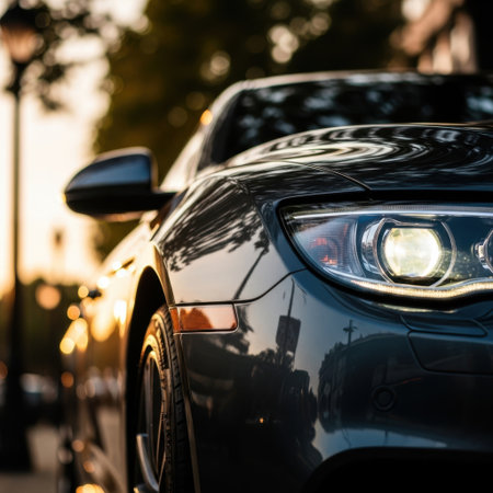 A close-up shot of a modern black car's headlight at dusk. The warm glow of streetlights creates stunning reflections on the polished surface, highlighting its luxurious design.の素材
