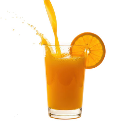 A vibrant orange beverage splashes as it fills a tall glass, adorned with a bright orange slice.の素材