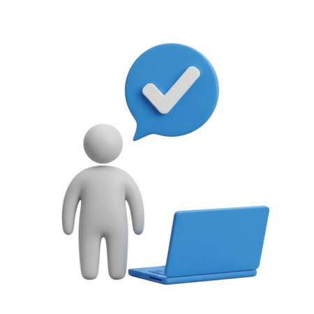 A simple 3D character stands beside a laptop, with a blue speech bubble containing a white checkmark above its head.の素材