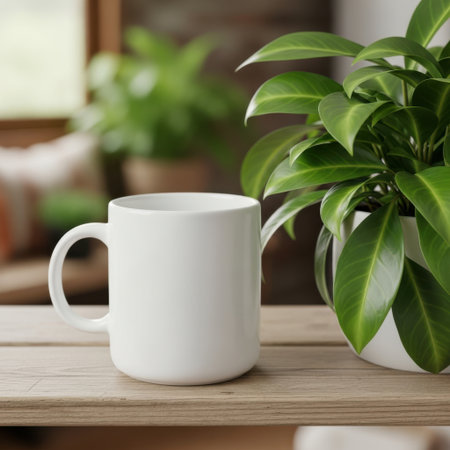 A clean white mug sits on a wooden surface next to a lush green plant. This image is perfect for showcasing beverages or creating a fresh, natural aesthetic.の素材