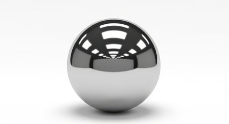 A highly polished chrome sphere sits on a seamless white studio background. Its reflective surface captures intricate light patterns, showcasing a perfect spherical form with sharp highlights and subtle gradients.の素材