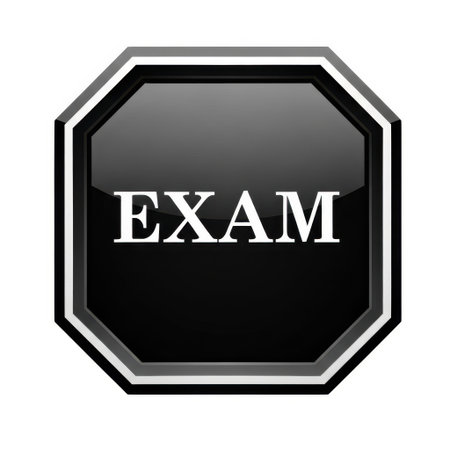 A glossy black octagonal button with the word 'EXAM' prominently displayed in white text, isolated against a clean white background, signifying a test or evaluation.の素材