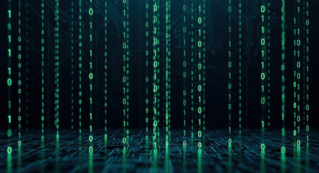 A mesmerizing display of falling binary digits, creating a sense of technological wonder and deep data flow.の素材
