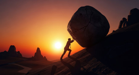A lone figure strains to move a massive rock as the sun sets, casting a warm glow.の素材
