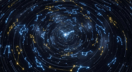 A deep space perspective showcasing a vibrant, swirling vortex of illuminated urban structures and celestial patterns.の素材