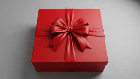 A high-angle, close-up studio shot captures a single, square red gift box. The box is wrapped in vibrant red paper and tied with a matching red satin ribbon, culminating in a large, neatly formed bow at the center. The box and ribbon are set against a plain gray background, creating a minimalist aesthetic that emphasizes the gift. Soft lighting from above casts subtle shadows, highlighting the folds of the ribbon and the sharp corners of the box. This image evokes feelings of celebration, surprise, and anticipation, making it suitable for themes related to holidays, birthdays, or special occasions.の素材
