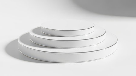 Showcasing a pristine stack of white ceramic plates arranged on a light surface. The minimalist composition highlights the simple elegance of kitchenware, enhanced by soft shadows that add depth and dimension.の素材