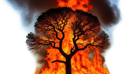 The image depicts a dark, silhouetted tree standing starkly against a fiery, blazing sun. The sun's intense flames and smoke create a dramatic and intense backdrop, highlighting the tree's intricate branches. The contrast between the dark tree and the bright, fiery sun emphasizes themes of contrast, nature, and possibly the cycle of life and death.の素材