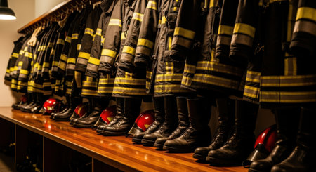This image depicts a row of firefighter gear neatly arranged and ready for use. The gear includes black and yellow turnout coats and pants, along with red helmets and black boots. The equipment is organized in a station, indicating preparedness for emergency response.の素材