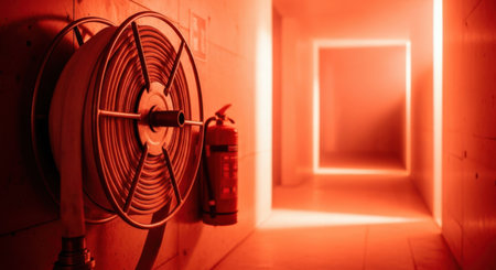 The image shows a fire safety setup in a dimly lit corridor. It features a large coiled fire hose mounted on the wall and a red fire extinguisher placed next to it. The corridor has a rectangular frame on the wall and a door at the end, illuminated by a warm, orange glow.の素材