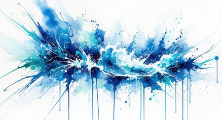 This image showcases a dynamic abstract watercolor artwork depicting a powerful splash or breaking wave. The composition features vibrant shades of deep blue, light blue, and teal, contrasted against a clean white background. The technique utilizes expressive splatters, delicate lines, and drips of paint that flow downwards, creating a sense of rapid movement and fluid energy. The white highlights within the central splash give the impression of seafoam or a cresting wave, emphasizing the aquatic theme. The overall piece evokes feelings of calm and power associated with water.の素材