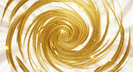 An abstract, high-resolution image showcasing a dynamic vortex or spiral composed of shimmering golden glitter and detailed brush strokes. The vibrant gold forms graceful, flowing lines that spiral outwards from a central point against a clean white background. Small specks of light and glitter add a sense of movement and texture, giving the artwork a luxurious and energetic feel. The design is modern and elegant, perfect for backgrounds, graphic design elements, or artistic projects.の素材