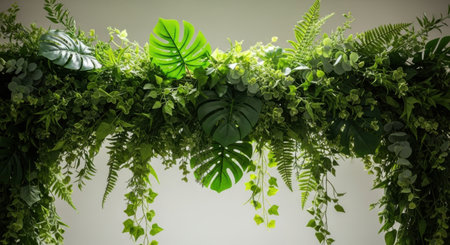 A low-angle close-up captures a dense arrangement of artificial greenery. The installation features a variety of synthetic foliage types, prominently including large, split monstera deliciosa leaves, delicate fern fronds, and trailing ivy vines. The lush mixture creates a vibrant, multi-textured green tapestry. The varying shades of green, from deep forest green to bright lime green, add depth and realism to the composition. This type of artificial foliage installation is often used for events, wedding decorations, or interior design, bringing a tropical and natural feel to an indoor space.の素材