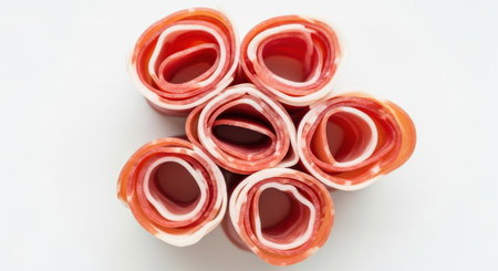 This top-down studio shot features six tightly rolled slices of cured meat, likely ham or prosciutto, arranged in a tight cluster against a stark white background. The rolls, showcasing layers of pinkish-red meat and white fat on the edges, are positioned closely together to create a decorative, almost floral pattern. The minimalist composition highlights the texture and form of the deli slices, offering a clean and appetizing visual for food-related themes.の素材