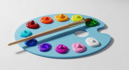 A light blue artist's palette holds small, vibrant mounds of paint in a variety of colors. The colors include red, orange, yellow, green, blue, purple, pink, and white, arranged in a semicircle. A paintbrush with a light wooden handle rests diagonally across the center of the palette, with its tip dipped in the green paint. The palette is set against a plain white background, highlighting the bright colors and artistic tools. The scene evokes a sense of creativity and preparation for painting.の素材