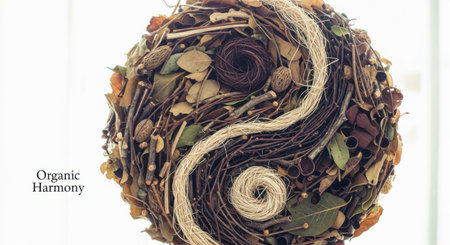 A close-up shot captures a decorative object shaped like the traditional Yin Yang symbol. The object is handcrafted from various organic materials, including interwoven dark twigs and branches that form the core structure. The S-curve dividing line of the Yin Yang symbol is created by a strand of light-colored, natural fiber or twine. Smaller concentric swirls of similar fiber form the "dots" within the symbol's halves. The composition features various textures from dried leaves, seed pods, and different types of wood, all set against a bright, minimalist background. The overall aesthetic emphasizes nature, balance, and rustic craftsmanship.の素材