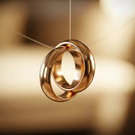 A close-up view of two polished gold wedding rings linked together, gently swaying from a delicate string against a soft, blurred background.の素材