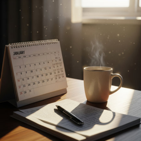 A warm cup of steaming coffee sits beside a desk calendar and notebook, bathed in soft morning light.の素材