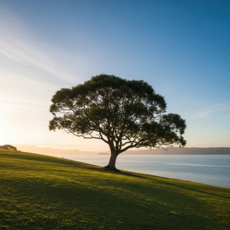 A majestic tree stands alone on a verdant slope, bathed in the soft light of dawn, with a tranquil body of water stretching towards the horizon.の素材