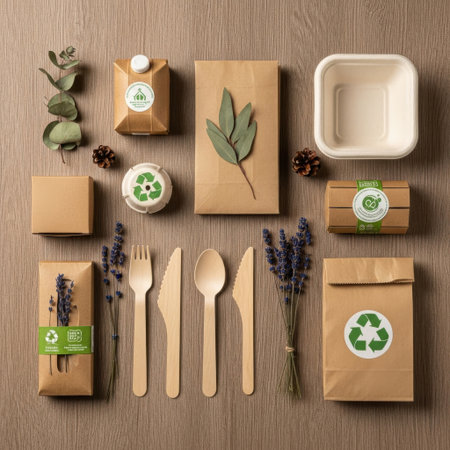 A collection of sustainable and biodegradable disposable cutlery, packaging, and natural elements arranged on a wooden surface.の素材