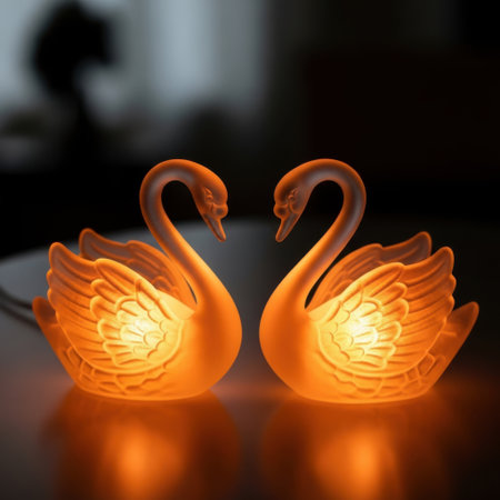 Two luminous amber swan sculptures, their necks forming a heart shape, emit a warm glow. Perfect for adding a touch of romantic elegance to any space, symbolizing love and beauty.の素材