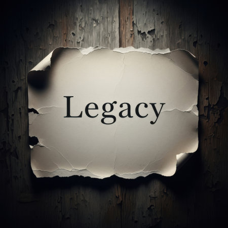 The word 'Legacy' is prominently displayed on a piece of torn, aged paper. The edges of the paper are burned, creating a dramatic and evocative effect against a textured, dark background.の素材