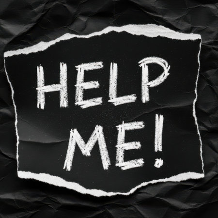 A stark and impactful image featuring the word HELP ME written in bold white letters on a ripped piece of black paper. The distressed font and rough edges convey a sense of urgency and crisis.の素材