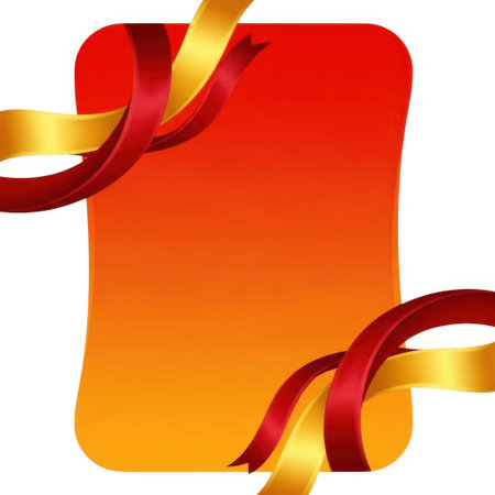 A blank gradient rectangle in shades of red and orange, adorned with swirling red and gold ribbons, presented on a clean white background.の素材
