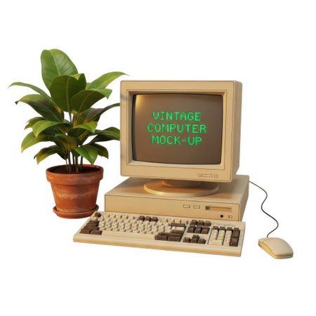 A retro computer setup featuring an old-fashioned monitor, keyboard, mouse, and a green potted plant, all presented on a clean white background.の素材