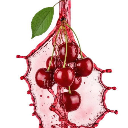 A cluster of ripe red cherries suspended mid-air, creating a dynamic splash of crimson liquid.の素材