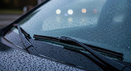 Water droplets cling to the automotive glass, reflecting distant lights. Wipers are positioned on the surface.の素材