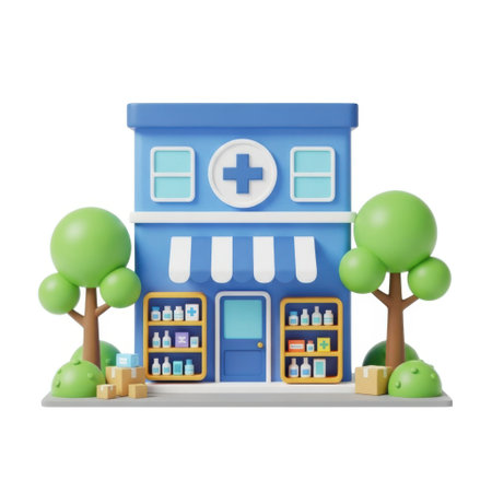 A delightful 3D illustration of a blue pharmacy storefront featuring shelves stocked with various items, set against a clean white background.の素材