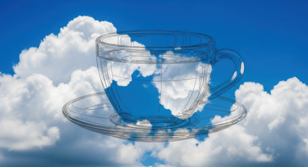 An imaginative and ethereal image featuring a translucent wireframe drawing of a teacup and saucer floating against a vibrant blue sky filled with soft, white cumulus clouds. The interior of the cup appears to hold the vast expanse of the sky and its clouds, creating a surreal blend of a common object with an infinite natural element. This abstract composition evokes themes of creativity, dreams, and the boundless possibilities of imagination, presenting a unique visual metaphor.の素材