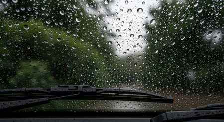Raindrops cling to a car's glass, blurring the verdant foliage and a distant path during a downpour.の素材