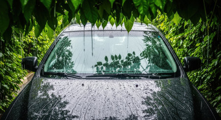 A close up view of a car's front, enveloped by vibrant green leaves and branches, suggesting a natural setting.の素材
