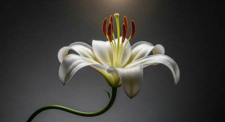 A stunning close-up of a pure white lily flower in full bloom revealing intricate details. Delicate petals curve gracefully around the prominent yellow stamen and pistil creating a beautiful contrast. This elegant botanical specimen exudes natural beauty and sophistication.の素材