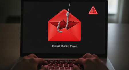 This close-up shot captures a critical moment of online security, featuring a laptop screen displaying a stark warning against a potential phishing attempt. The screen prominently shows a vivid red envelope icon from which a sharp fishing hook emerges, symbolizing the deceptive nature of phishing scams. Below this symbolic imagery, the text 'Potential Phishing Attempt' confirms the alert. In the top right corner, a red triangular warning sign further emphasizes the danger. The dimly lit scene highlights hands actively typing on the keyboard, underscoring the user's interaction and the immediate threat of cybercrime. This image effectively conveys the importance of vigilance against online fraud and highlights the visual alerts used to protect users from malicious attacks and data breaches.の素材
