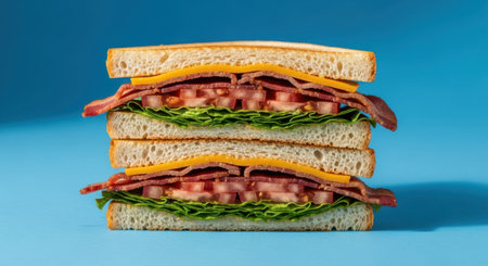 A mouthwatering club sandwich piled high with crispy bacon, fresh lettuce, ripe tomatoes, and toasted bread, presented on a vibrant blue surface, perfect for food blogs and menus.の素材