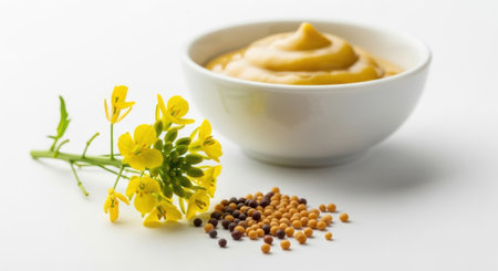 A delicious creamy mustard dip served in a white bowl, alongside whole mustard seeds and delicate yellow mustard flowers, perfect for culinary inspiration.の素材