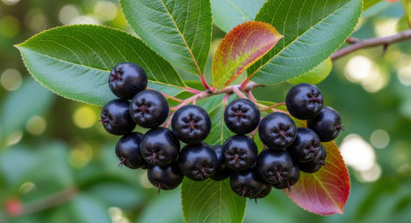 Vibrant cluster of ripe Aronia berries showcasing their deep purple hue against lush green foliage. The natural light highlights their texture and subtle sheen in this outdoor scene.の素材