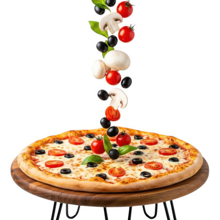 A whole pizza sits on a wooden board with fresh tomatoes, olives, and basil ingredients cascading down onto it, all isolated on a white background.の素材