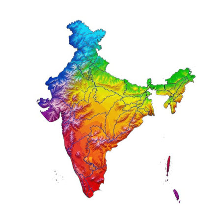 A vibrant, multi-colored topographic map of India is presented as an isolated object on a clean white background.の素材