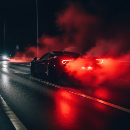 Experience the thrill of a high-speed night drive. A sports car drifts, leaving a trail of vibrant red smoke and reflecting its glowing tail lights on a wet road.の素材