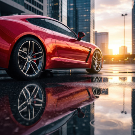 A stunning red sports car with intricate wheel detailing reflects vibrantly on a wet urban street during a beautiful sunset, showcasing luxury and automotive beauty.の素材