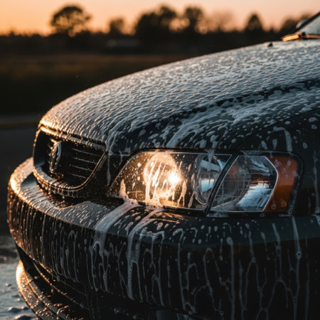 A detailed view of a car's front end, with foamy soap suds cascading over the headlight. The warm glow of sunset illuminates the scene, creating a dramatic and inviting atmosphere.の素材