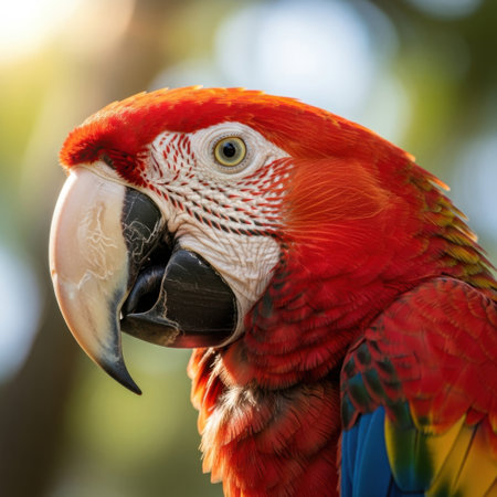 A stunning close-up portrait of a scarlet macaw parrot showcasing its brilliant red blue and yellow plumage against a softly blurred natural background.の素材
